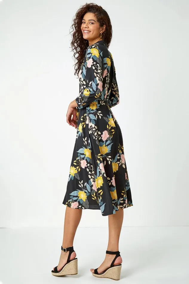 Women Black Floral Print Midi Shirt Dress Roman Dresses
