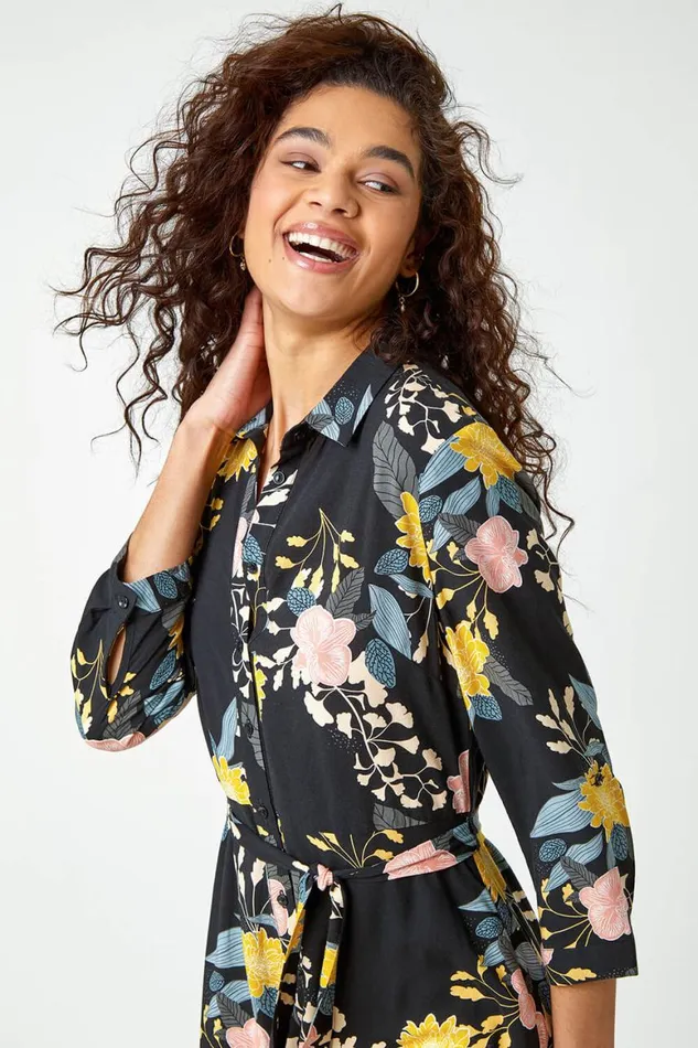 Women Black Floral Print Midi Shirt Dress Roman Dresses