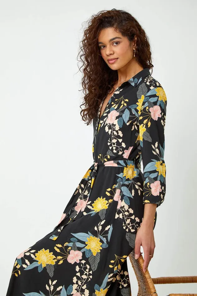Women Black Floral Print Midi Shirt Dress Roman Dresses