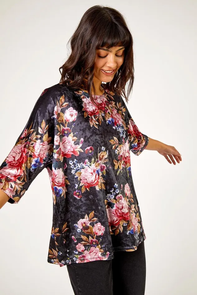 Women Black Floral Print Velvet Top Roman Tops