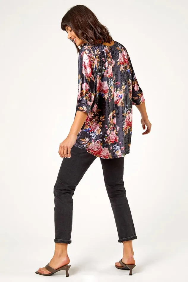 Women Black Floral Print Velvet Top Roman Tops