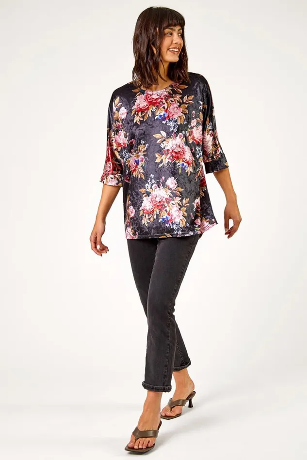 Women Black Floral Print Velvet Top Roman Tops