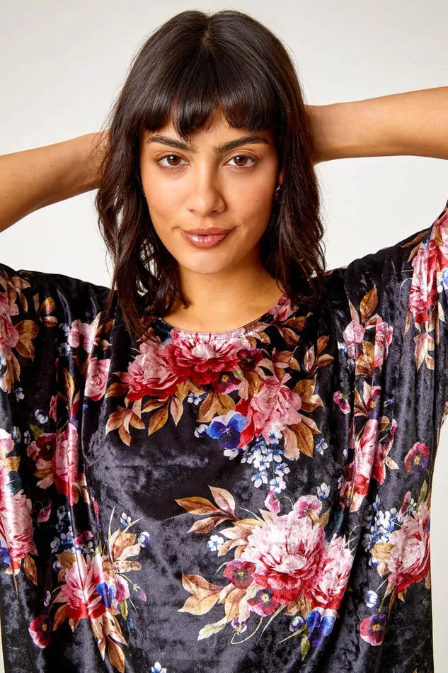 Women Black Floral Print Velvet Top Roman Tops