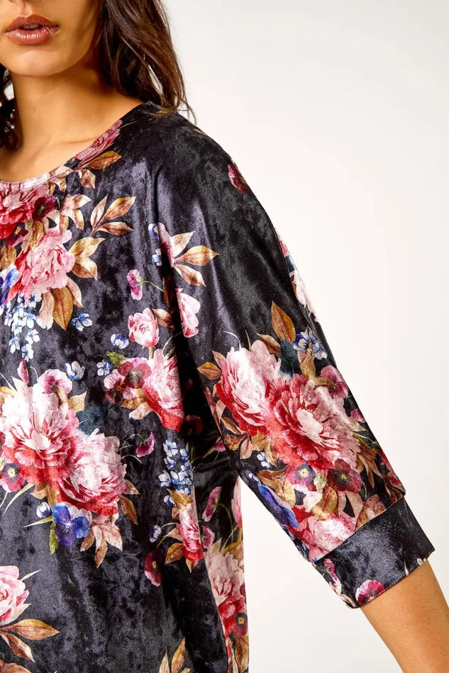 Women Black Floral Print Velvet Top Roman Tops