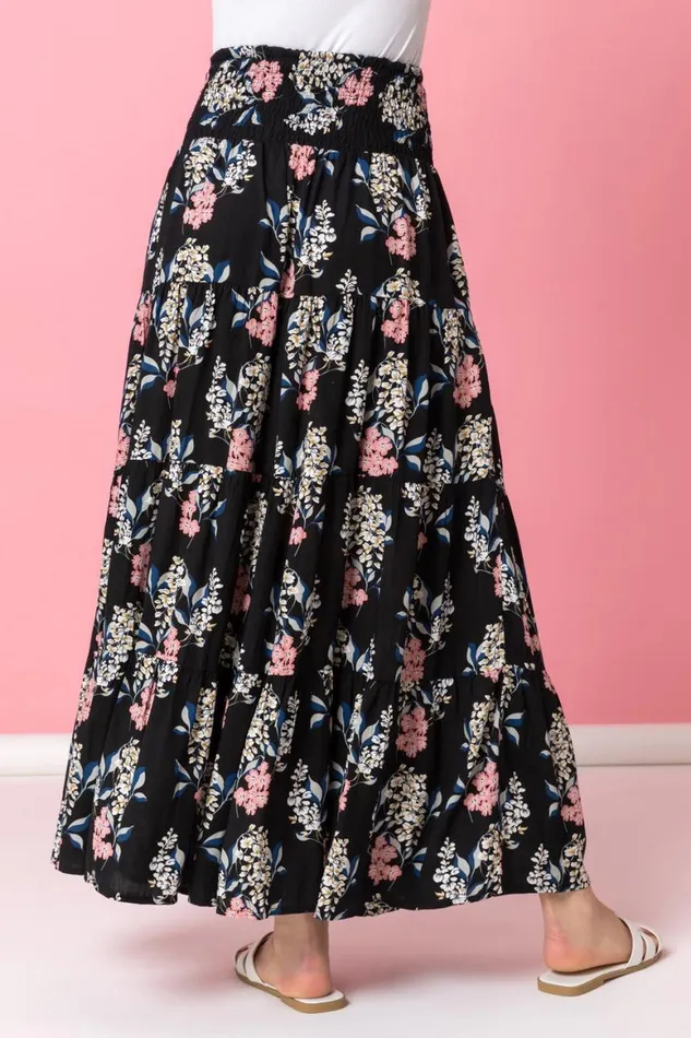 Women Black Floral Shirred Waist Elastic Waist Maxi Skirt Roman Skirts