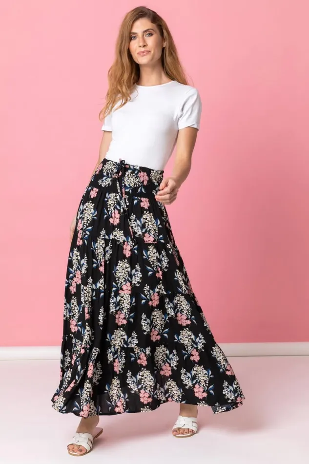 Women Black Floral Shirred Waist Elastic Waist Maxi Skirt Roman Skirts