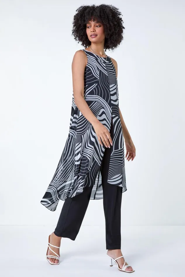 Women Black Full Length Printed Overlay Jumpsuit Roman Dresses