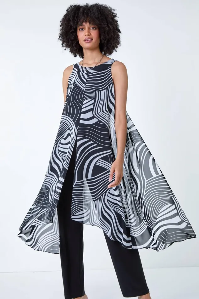 Women Black Full Length Printed Overlay Jumpsuit Roman Dresses