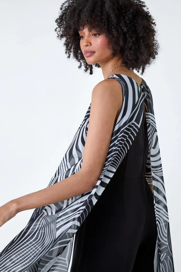 Women Black Full Length Printed Overlay Jumpsuit Roman Dresses