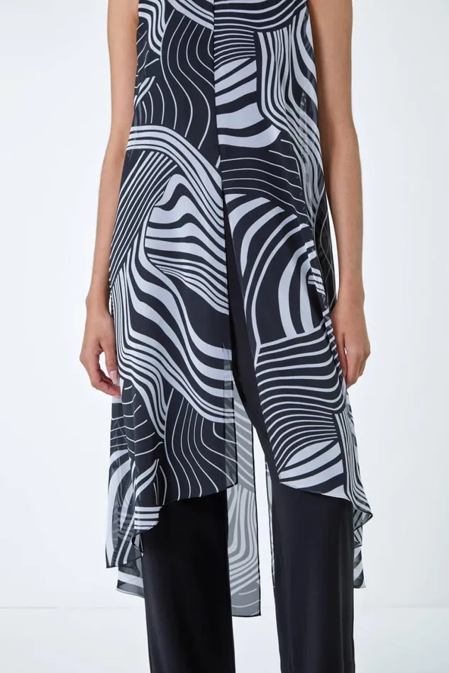 Women Black Full Length Printed Overlay Jumpsuit Roman Dresses