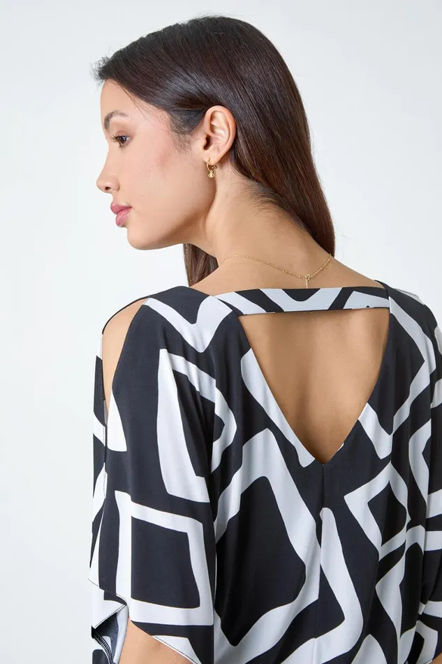 Women Black Geometric VNeck Blouson Stretch Top Roman Tops