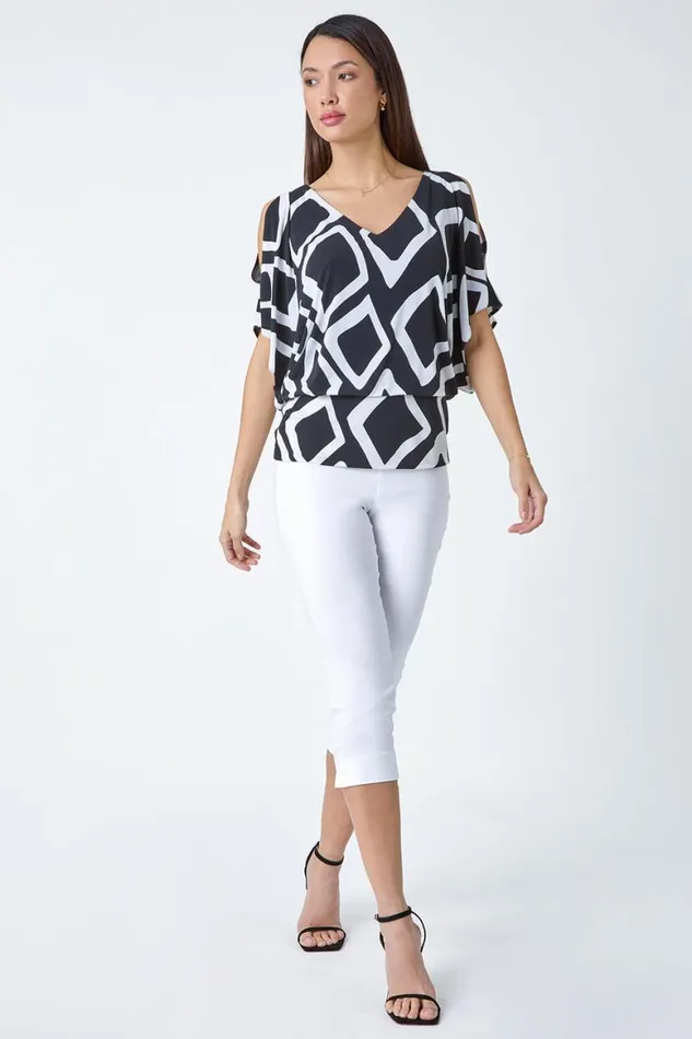 Women Black Geometric VNeck Blouson Stretch Top Roman Tops