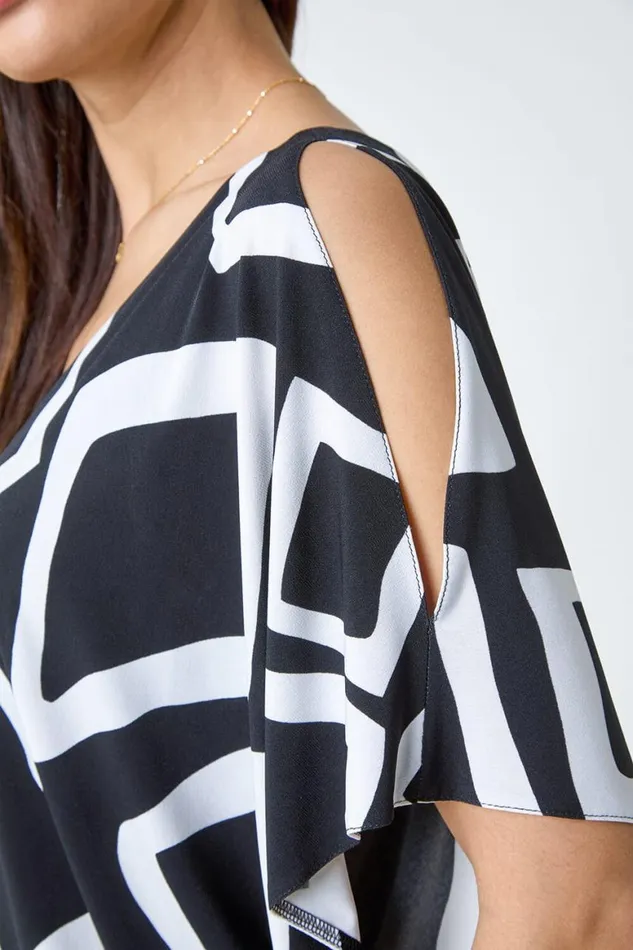 Women Black Geometric VNeck Blouson Stretch Top Roman Tops
