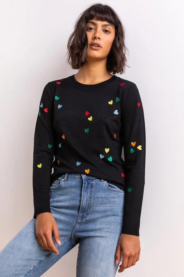 Women Black Heart Print Embroidered Jumper Roman Knitwear