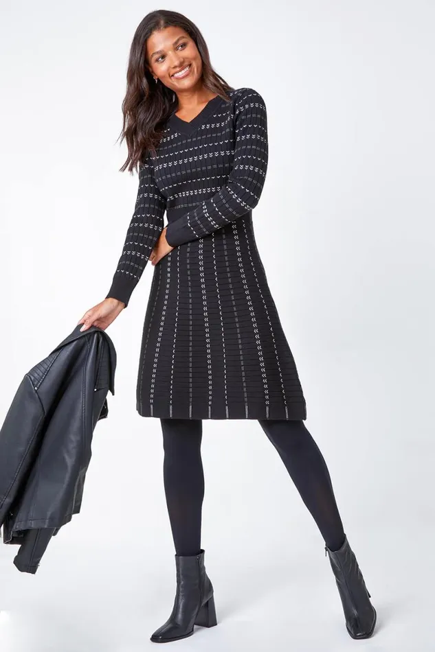 Women Black Heart Stripe Print Jumper Dress Roman Dresses