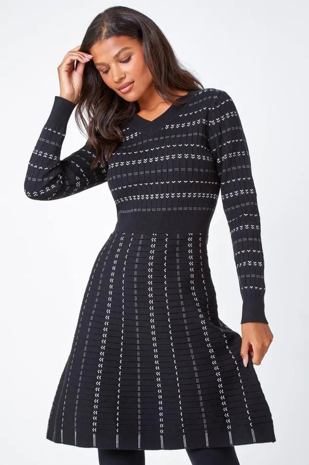 Women Black Heart Stripe Print Jumper Dress Roman Dresses