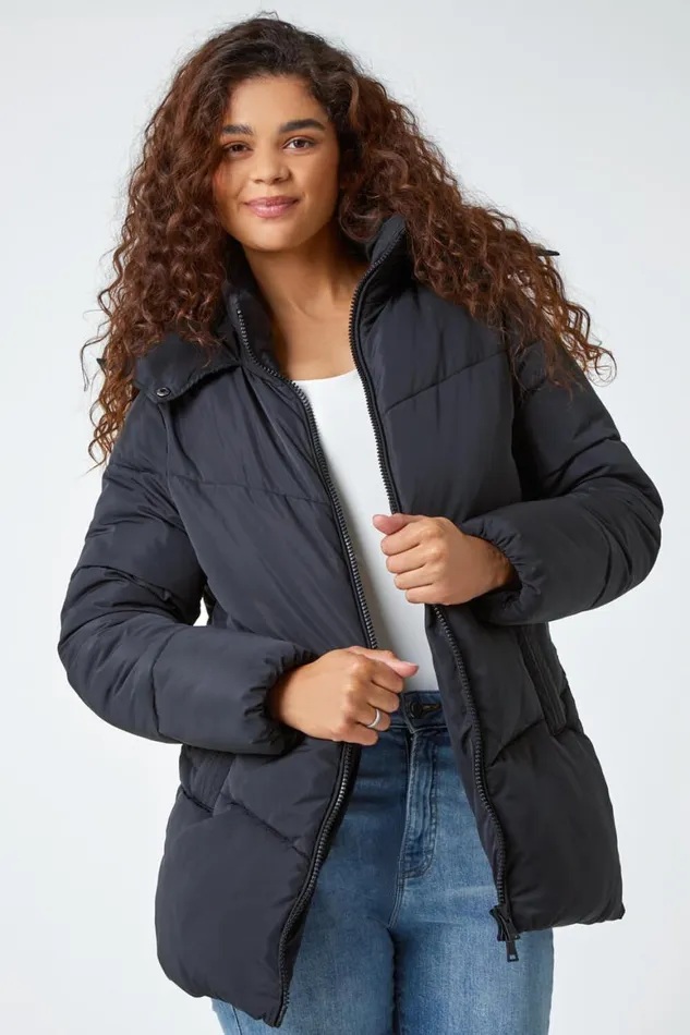 Women Black Hooded Padded Coat Roman Coats
