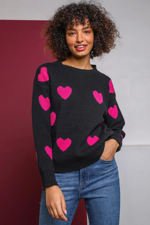 Women Black Jacquard Heart Print Jumper Roman Knitwear