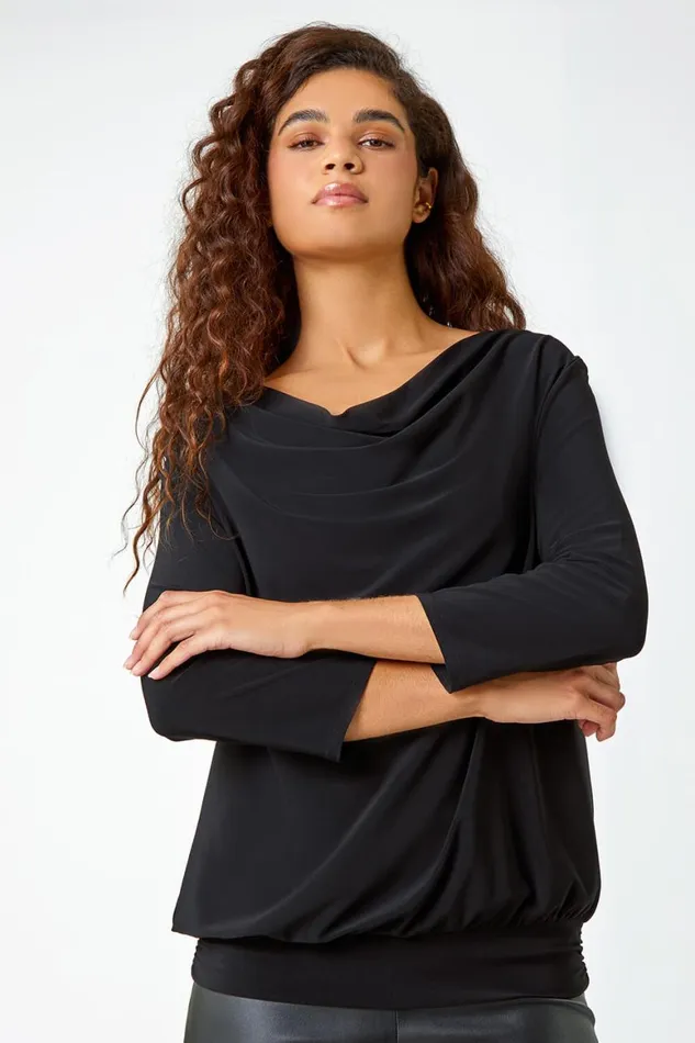 Women Black Lace Back Cowl Neck Stretch Top Roman Tops