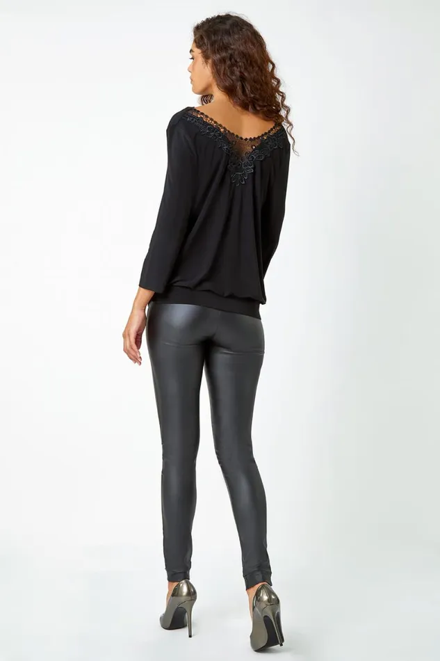 Women Black Lace Back Cowl Neck Stretch Top Roman Tops