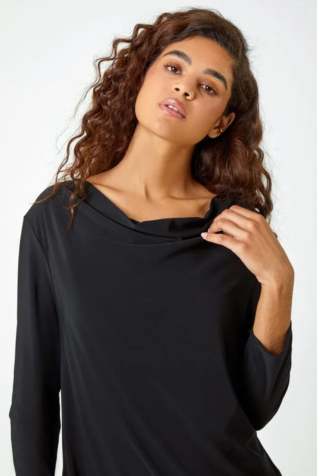 Women Black Lace Back Cowl Neck Stretch Top Roman Tops