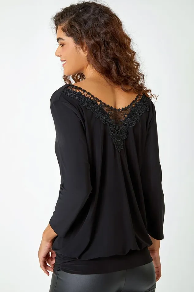 Women Black Lace Back Cowl Neck Stretch Top Roman Tops