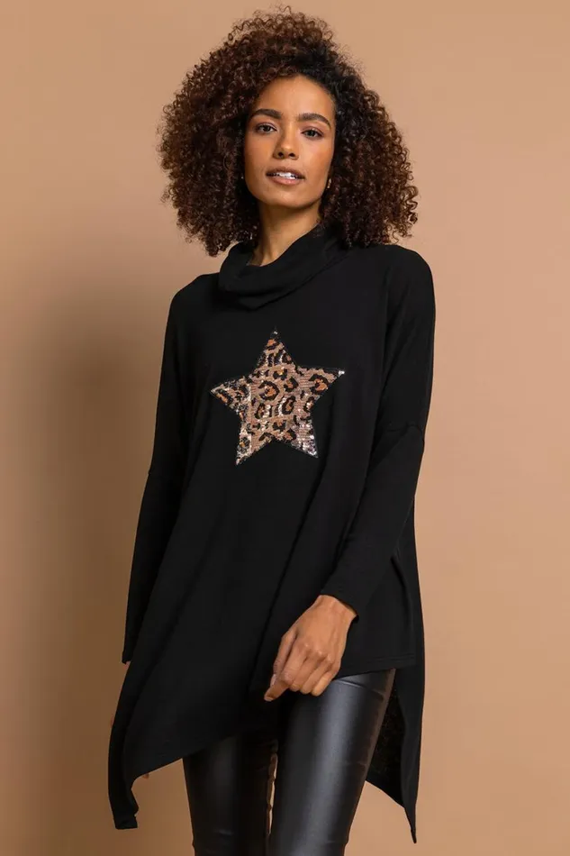 Women Black Leopard Print Sequin Detail Cowl Neck Tunic Top Roman Tops