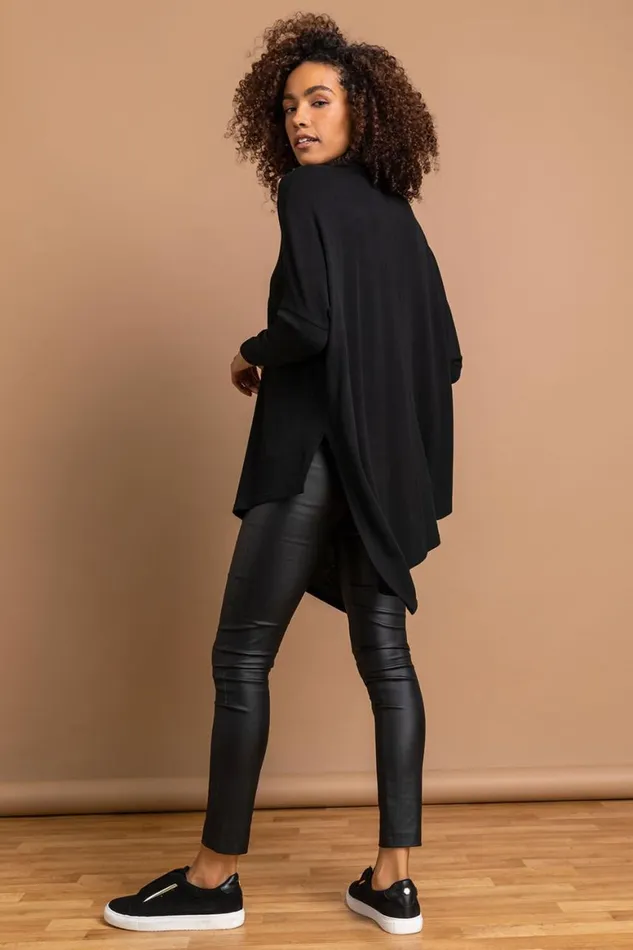 Women Black Leopard Print Sequin Detail Cowl Neck Tunic Top Roman Tops