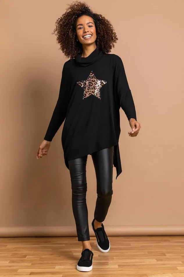 Women Black Leopard Print Sequin Detail Cowl Neck Tunic Top Roman Tops