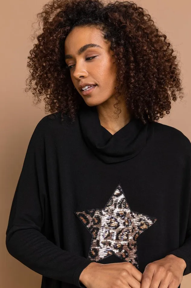 Women Black Leopard Print Sequin Detail Cowl Neck Tunic Top Roman Tops