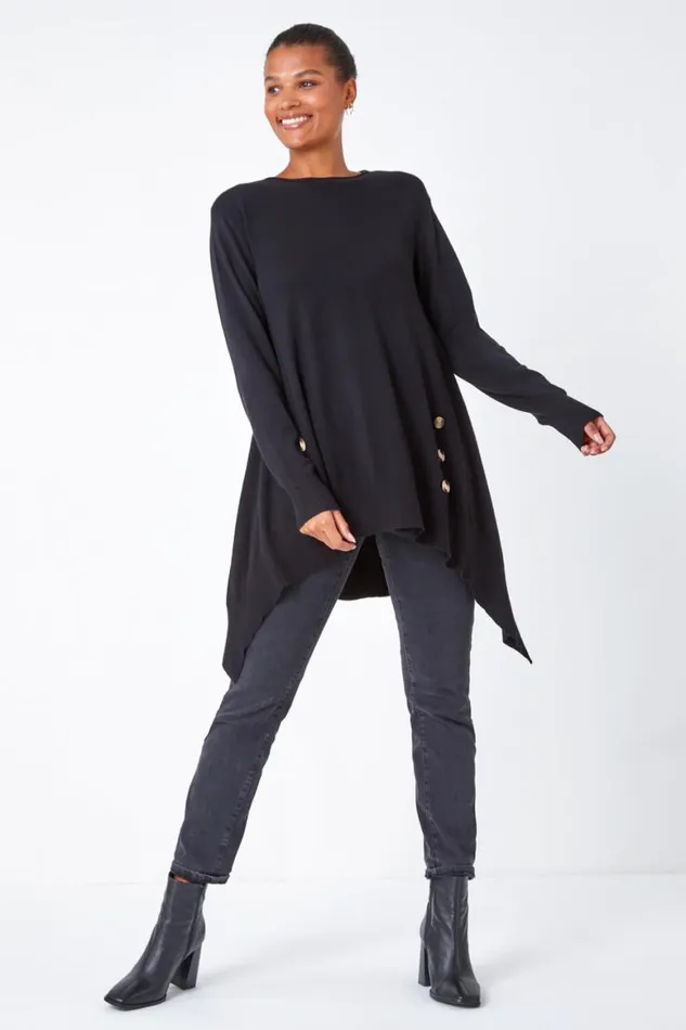 Women Black Longline Button Detail Hanky Hem Jumper Roman Knitwear