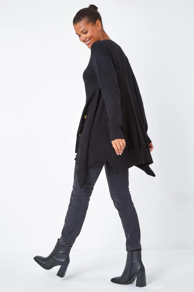Women Black Longline Button Detail Hanky Hem Jumper Roman Knitwear