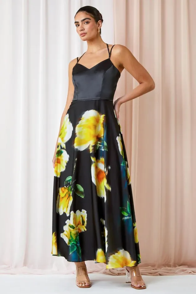 Women Black Luxe Floral Fit and Flare Maxi Dress Roman Dresses