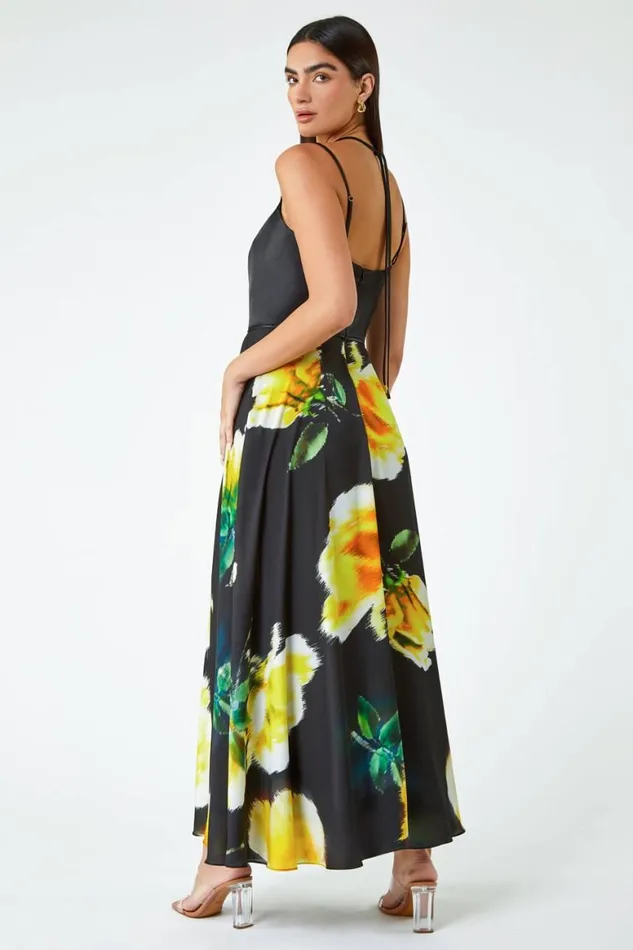 Women Black Luxe Floral Fit and Flare Maxi Dress Roman Dresses