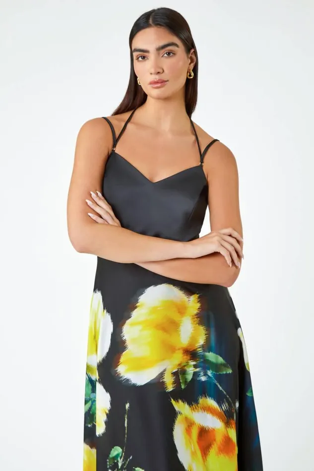 Women Black Luxe Floral Fit and Flare Maxi Dress Roman Dresses