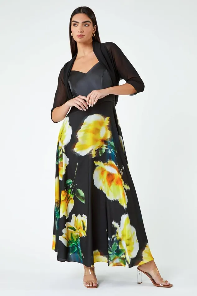 Women Black Luxe Floral Fit and Flare Maxi Dress Roman Dresses
