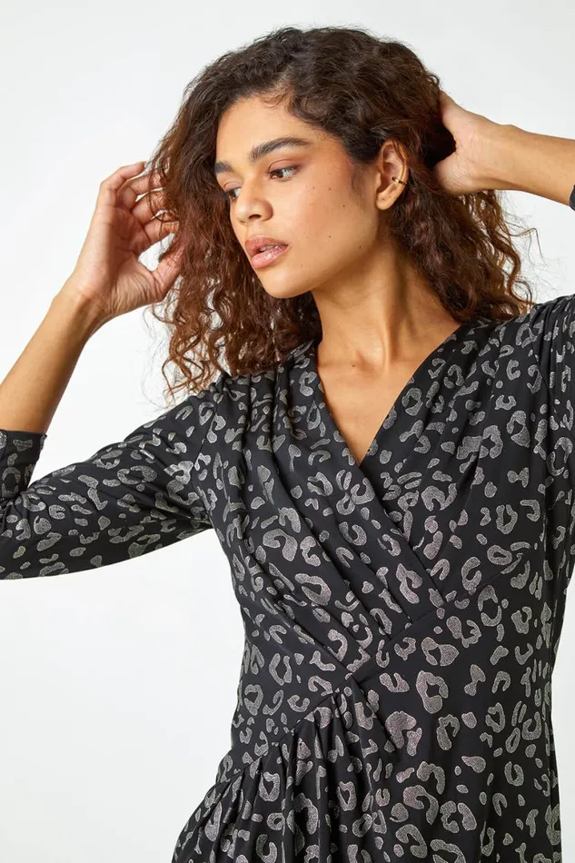 Women Black Metallic Leopard Print Midi Stretch Dress Roman Dresses