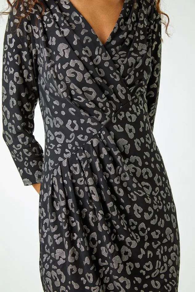 Women Black Metallic Leopard Print Midi Stretch Dress Roman Dresses
