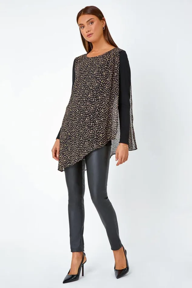 Women Black Metallic Spot Chiffon Overlay Stretch Top Roman Tops