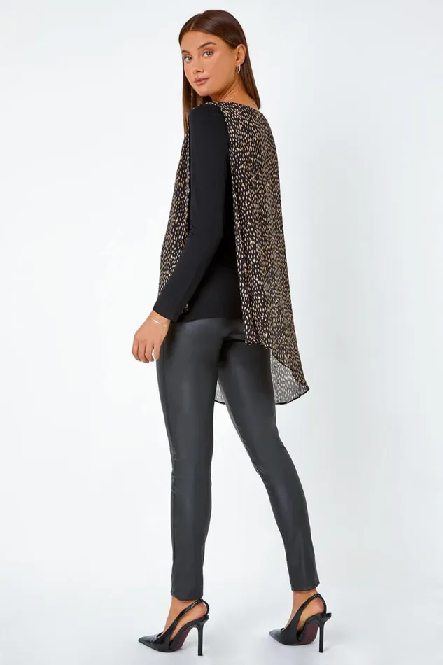 Women Black Metallic Spot Chiffon Overlay Stretch Top Roman Tops