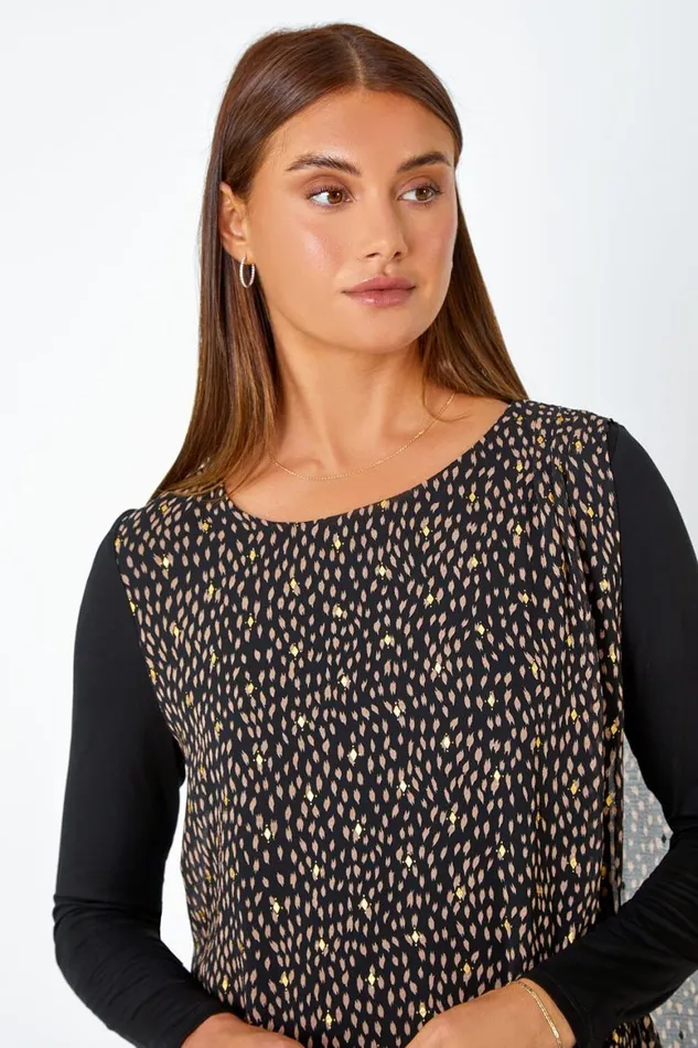 Women Black Metallic Spot Chiffon Overlay Stretch Top Roman Tops