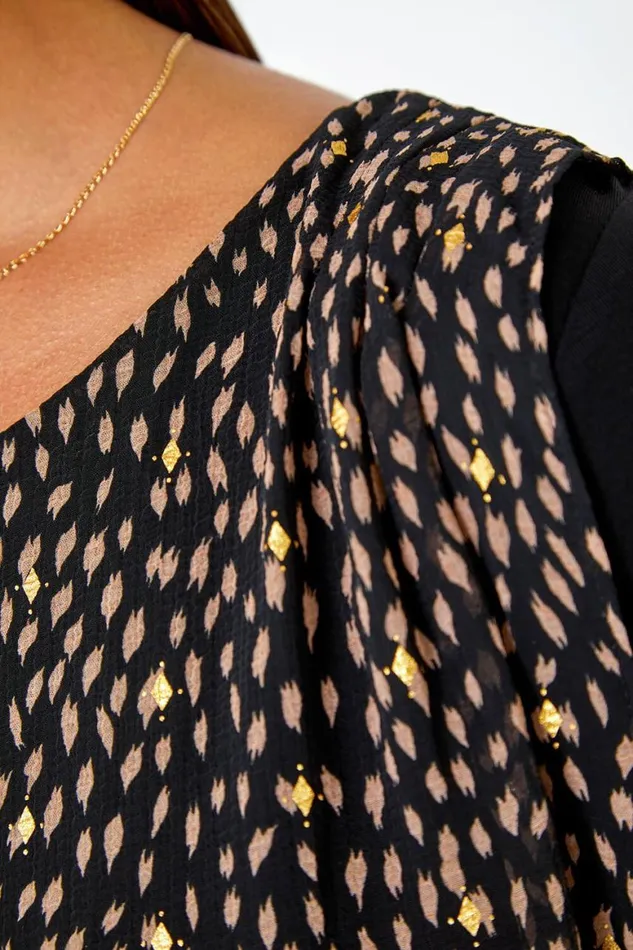 Women Black Metallic Spot Chiffon Overlay Stretch Top Roman Tops