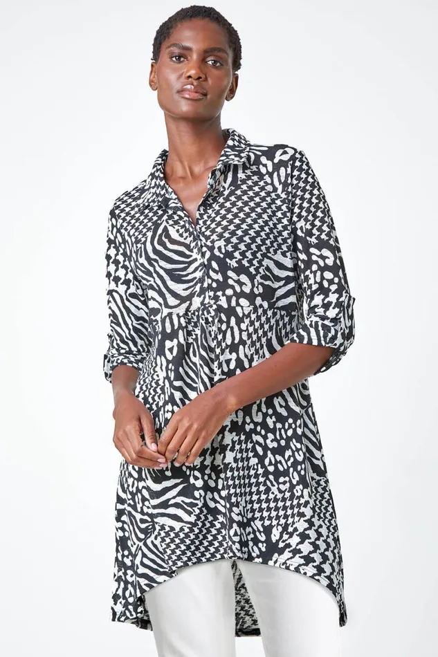 Women Black Mixed Print Stretch Shirt Roman Tops