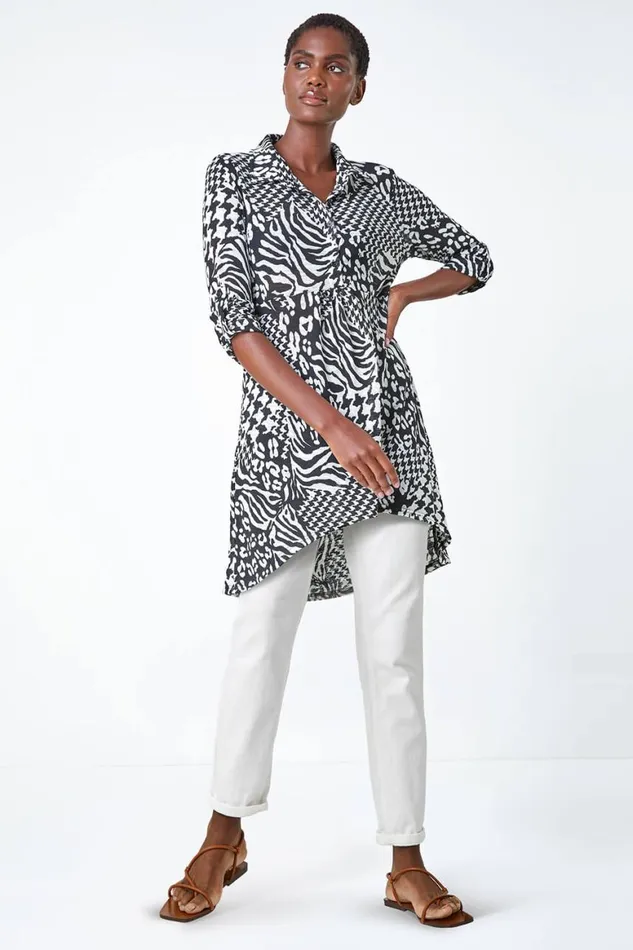 Women Black Mixed Print Stretch Shirt Roman Tops