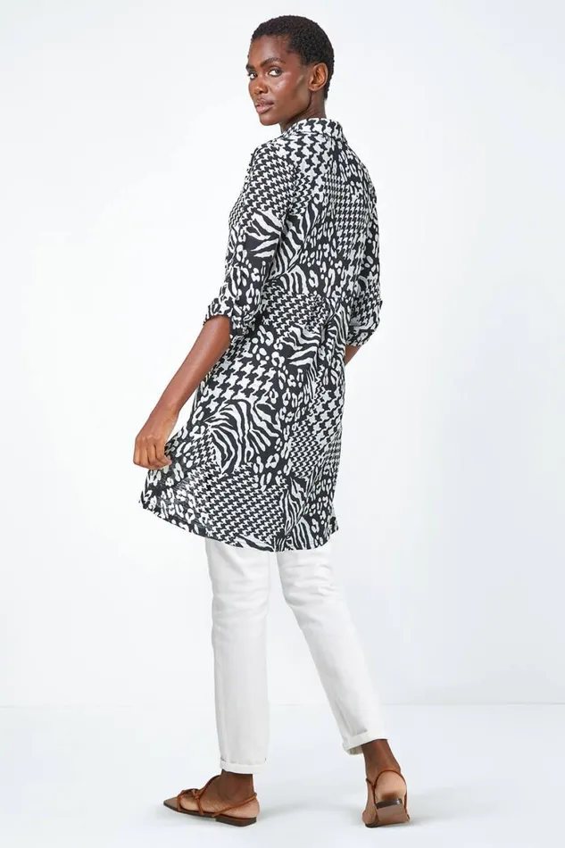 Women Black Mixed Print Stretch Shirt Roman Tops
