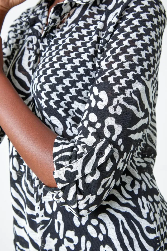 Women Black Mixed Print Stretch Shirt Roman Tops