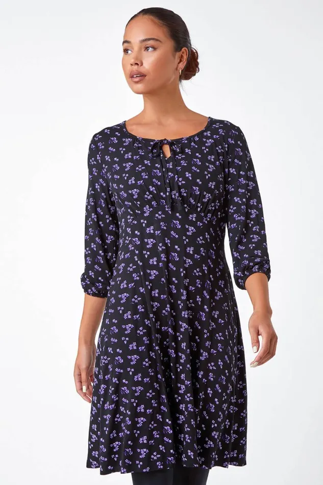 Women Black Petite Ditsy Floral Stretch Tea Dress Roman Dresses