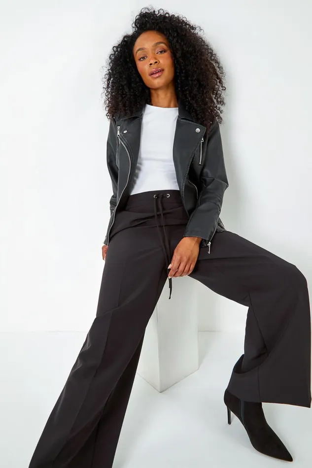 Women Black Petite Elastic Waist Wide Leg Trousers Roman Trousers