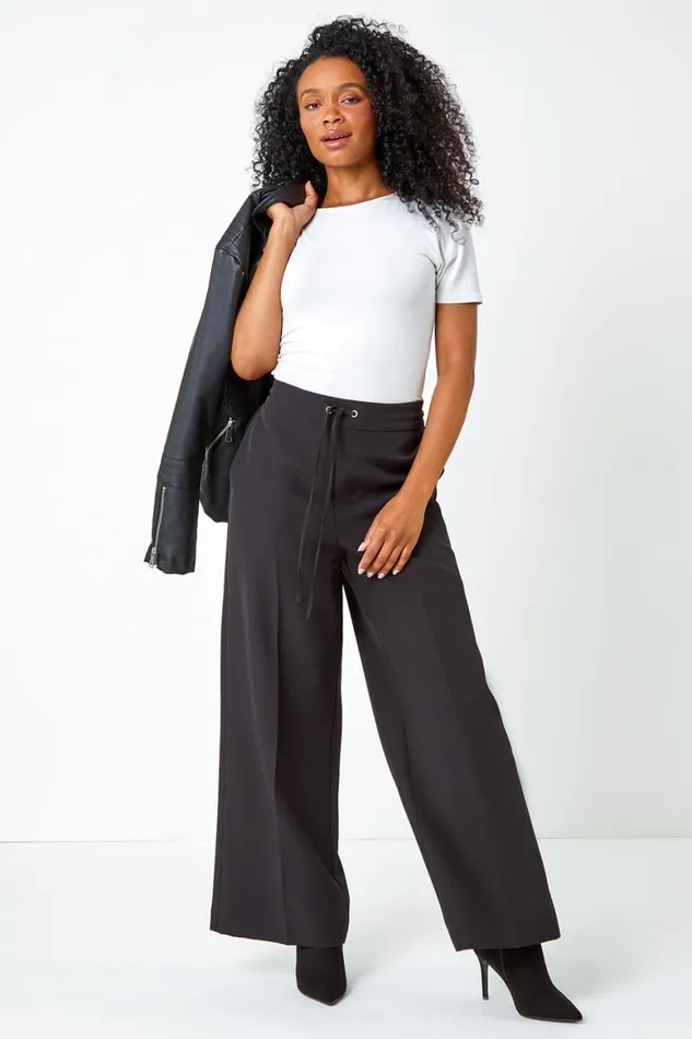 Women Black Petite Elastic Waist Wide Leg Trousers Roman Trousers