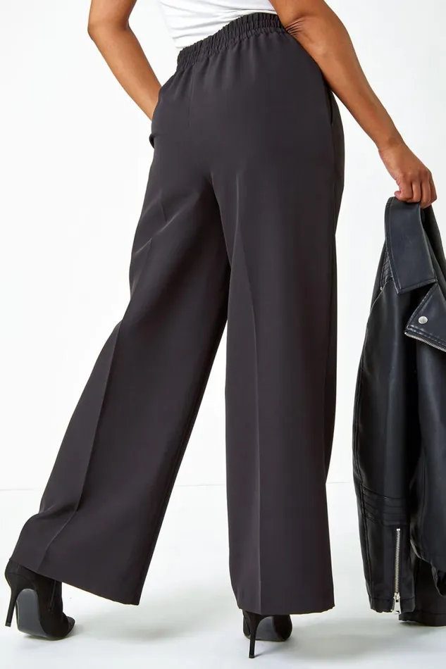 Women Black Petite Elastic Waist Wide Leg Trousers Roman Trousers
